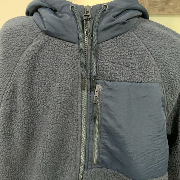 J. Crew Jeans navy blue zip front Sherpa fleece hooded jacket size L NWT - Picture 2 of 4
